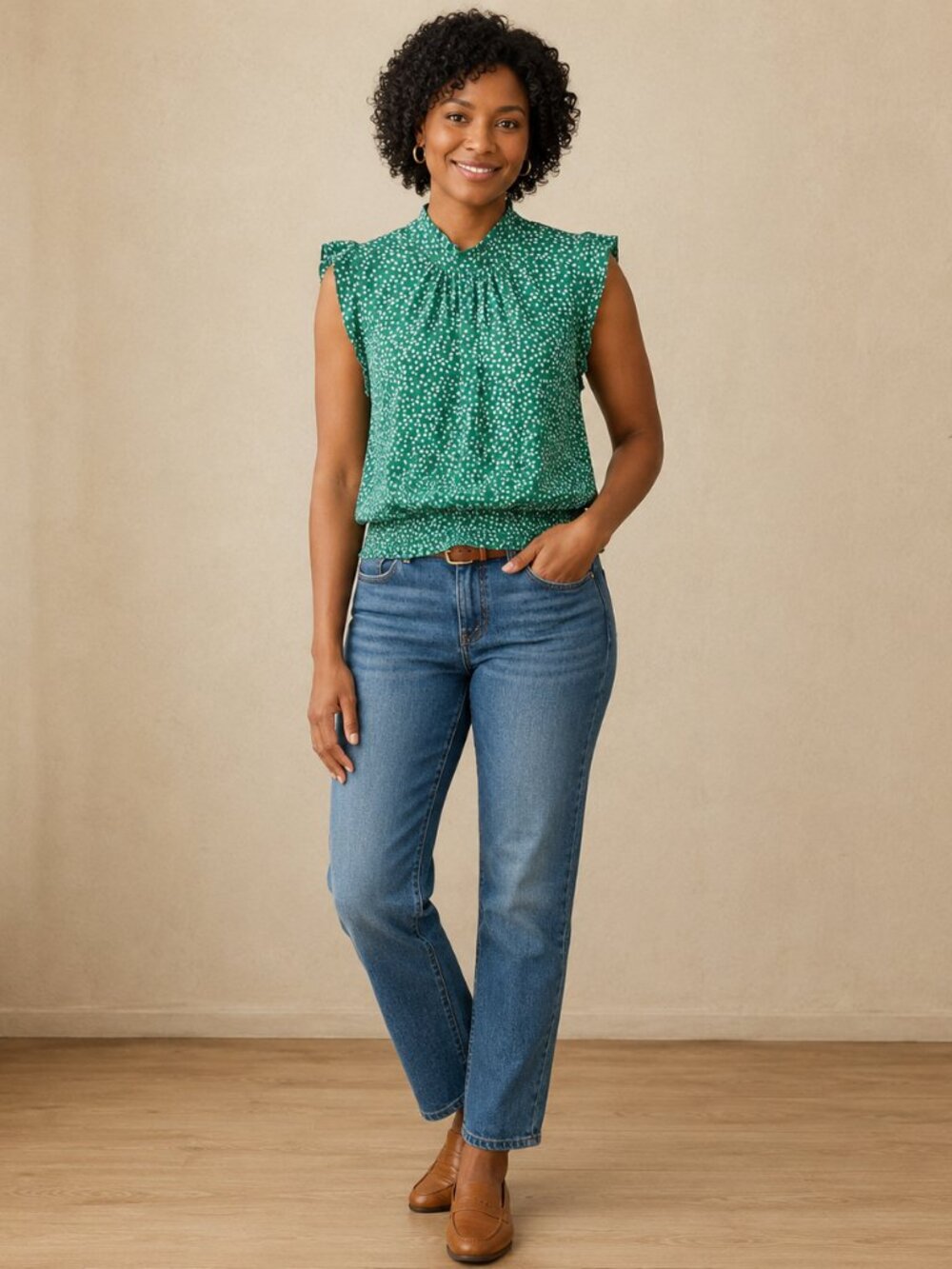 Carolina Belle Montreal Kelly Green Mini Floral Allover Print Blouse Mock Neck